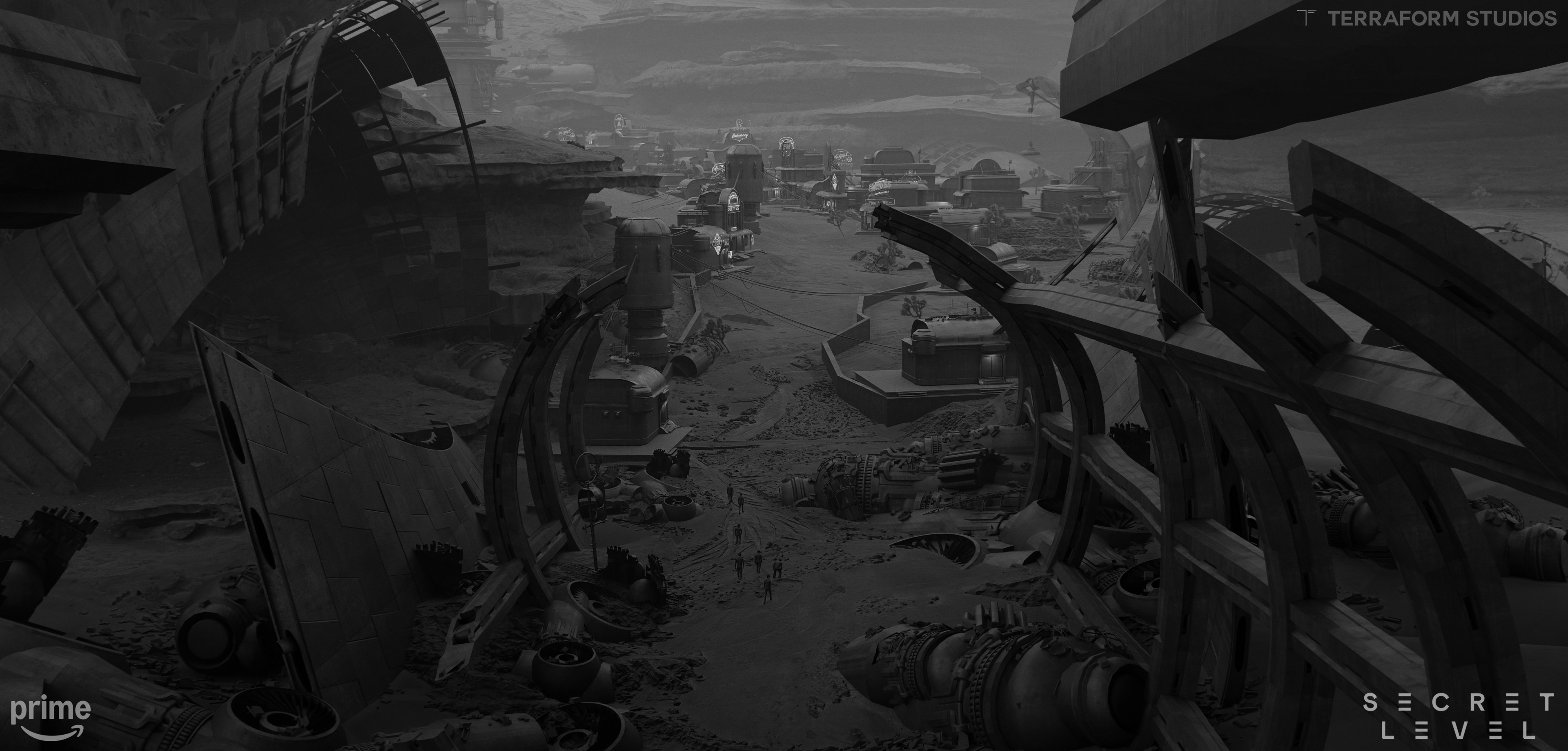 Black and white Argos Town environment design exploration by Alex Pi